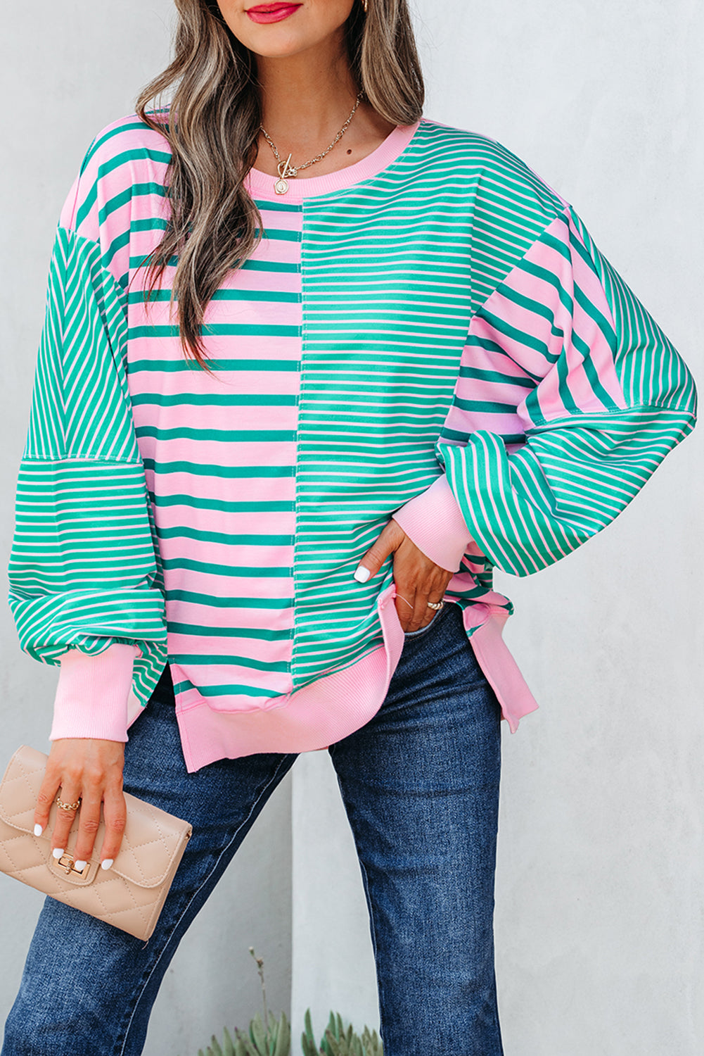 Green Stripe Colorblock Sweatshirt