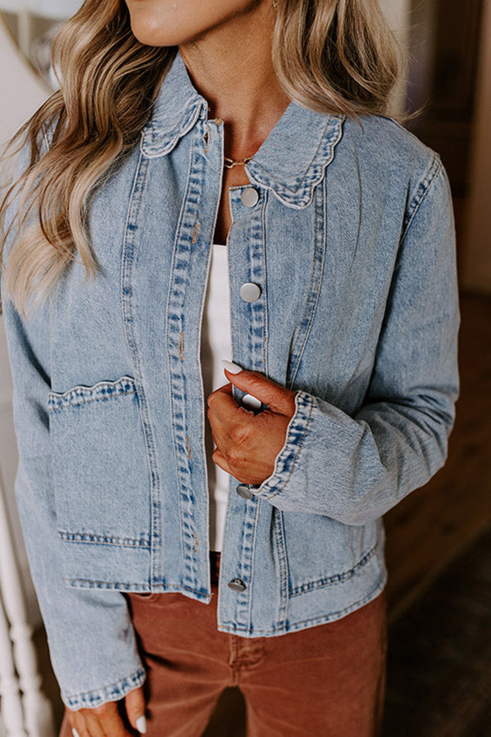 Myosotis Scallop Trim Collar Patched Pocket Button Up Denim Jacket