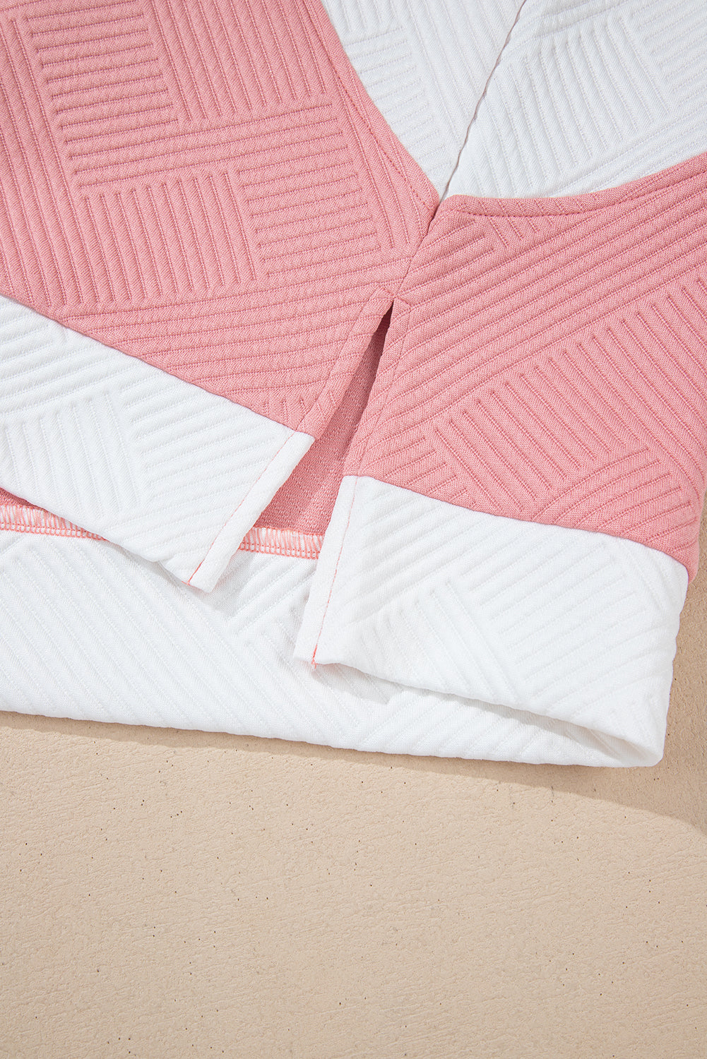 Pink Textured Colorblock Patchwork Tee Two Piece Shorts Set