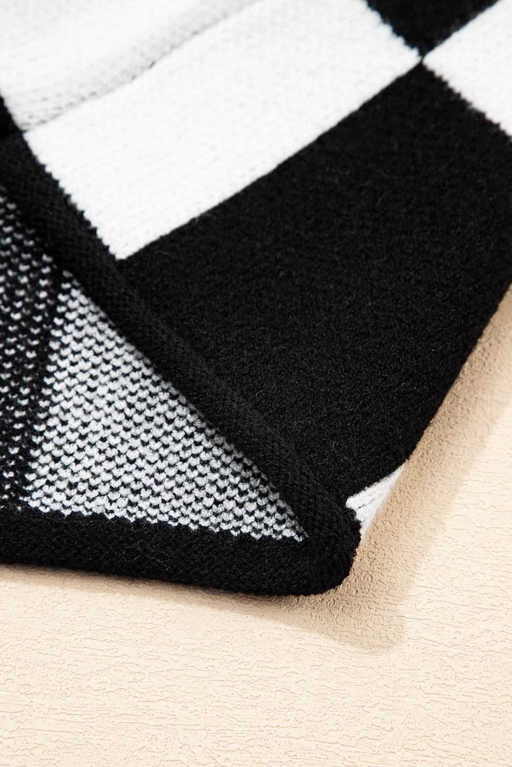 Black Checked Notched Neckline Drop Shoulder Knit Sweater