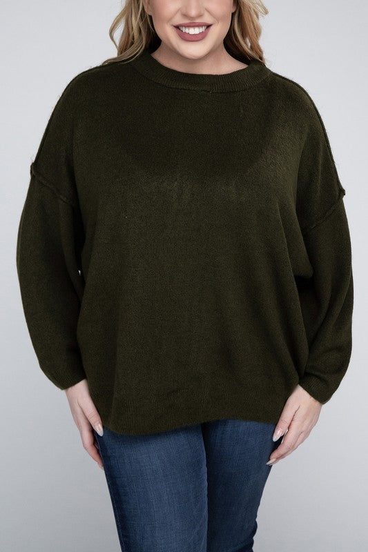 Oversized Round Neck Raw Seam Melange Sweater PLUS