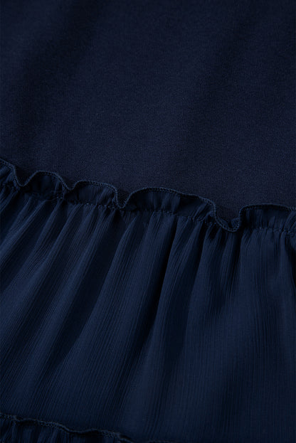 Navy Blue Tiered Ruffle Ribbed Crew Neck Pullover Plus Size Top