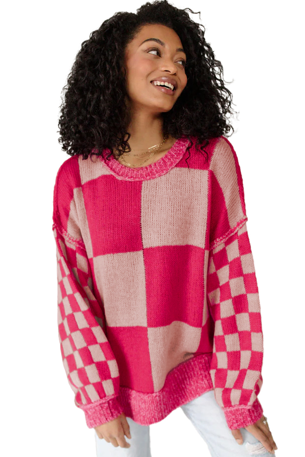 Rose Red Checkered Drop Shoulder Sweater