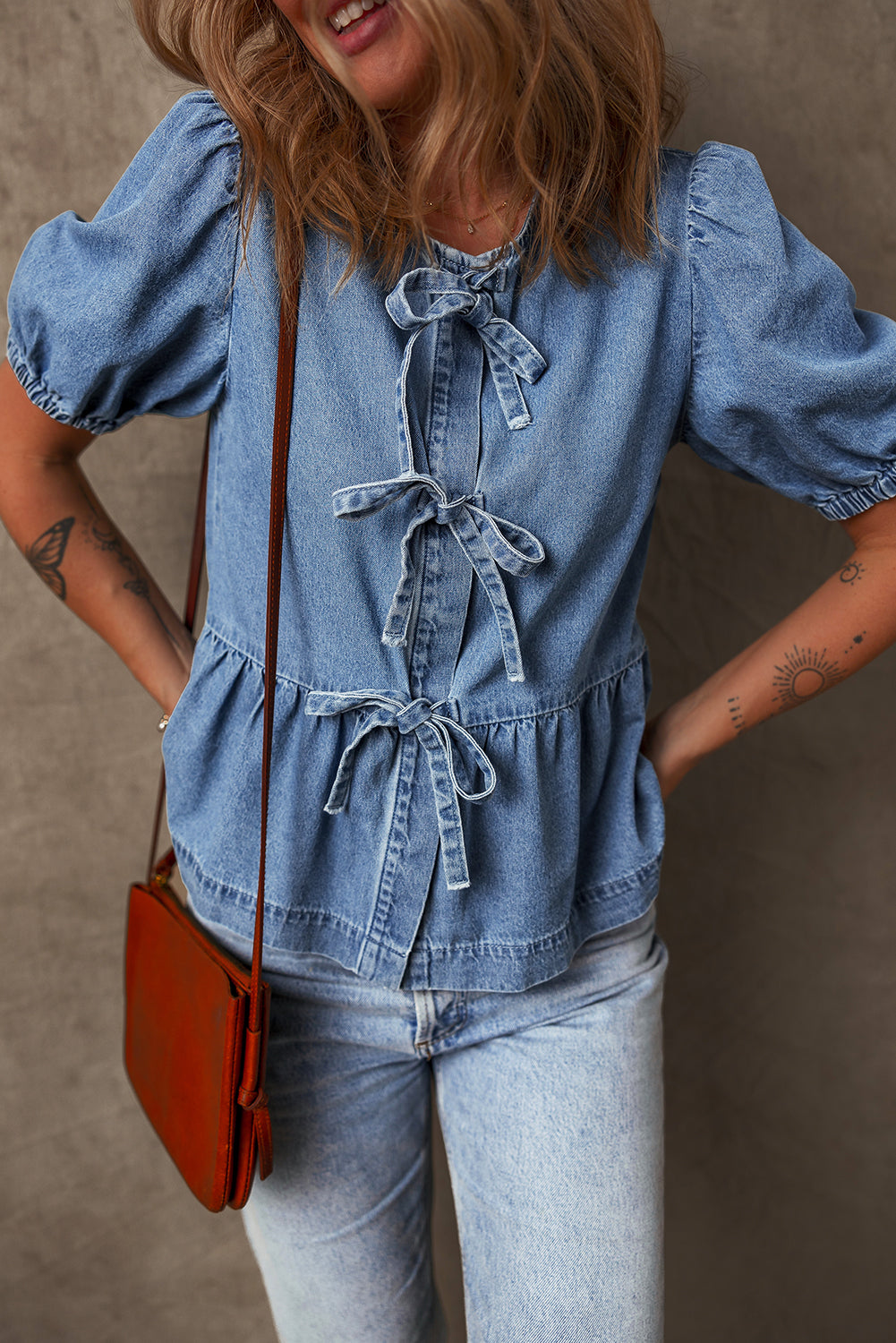 Tie Front Bubble Sleeve Denim Shirt