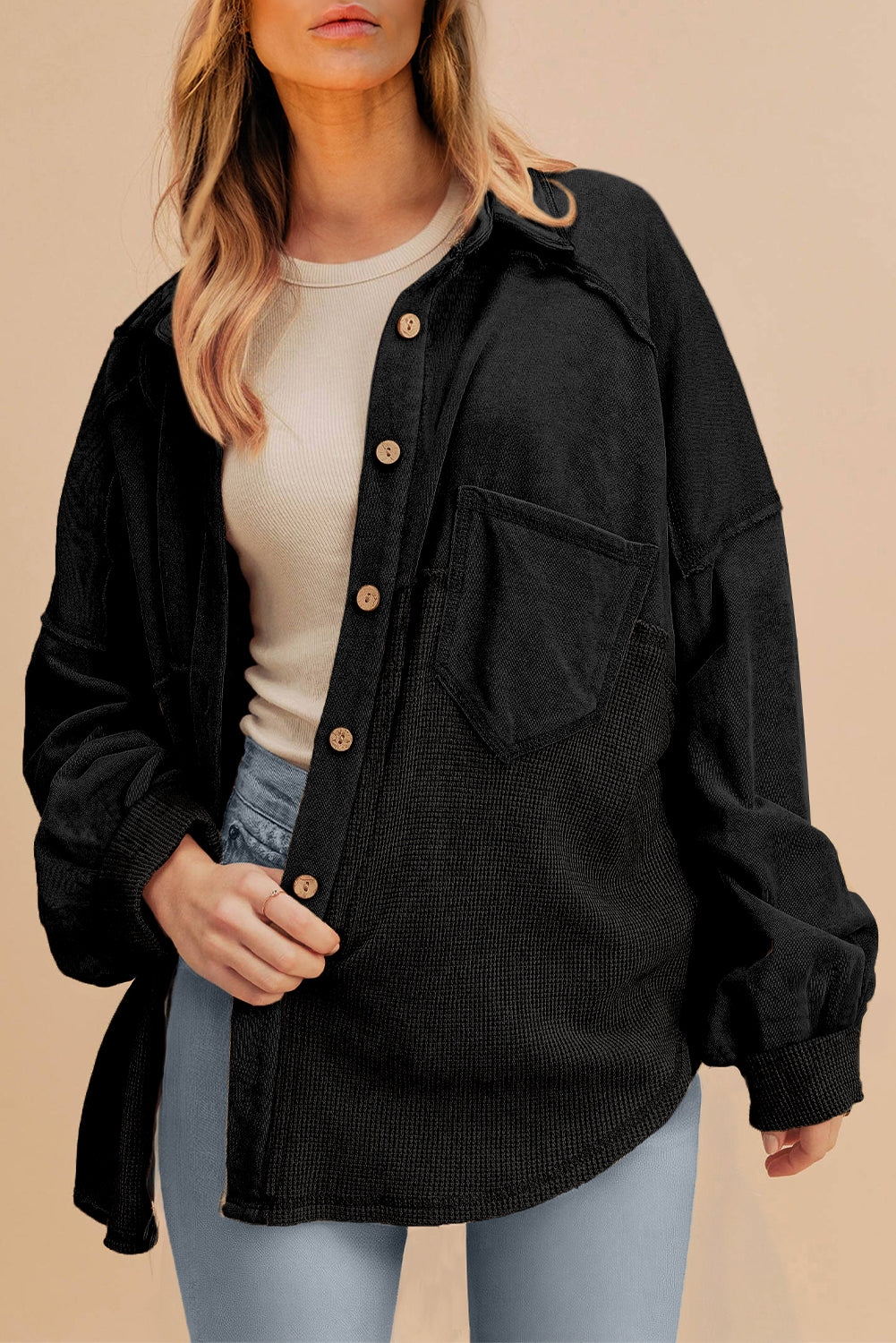 Medium Grey Waffle Knit Patchwork Exposed Seam Loose Shacket