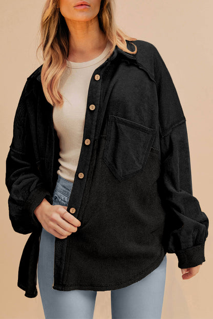 Medium Grey Waffle Knit Patchwork Exposed Seam Loose Shacket