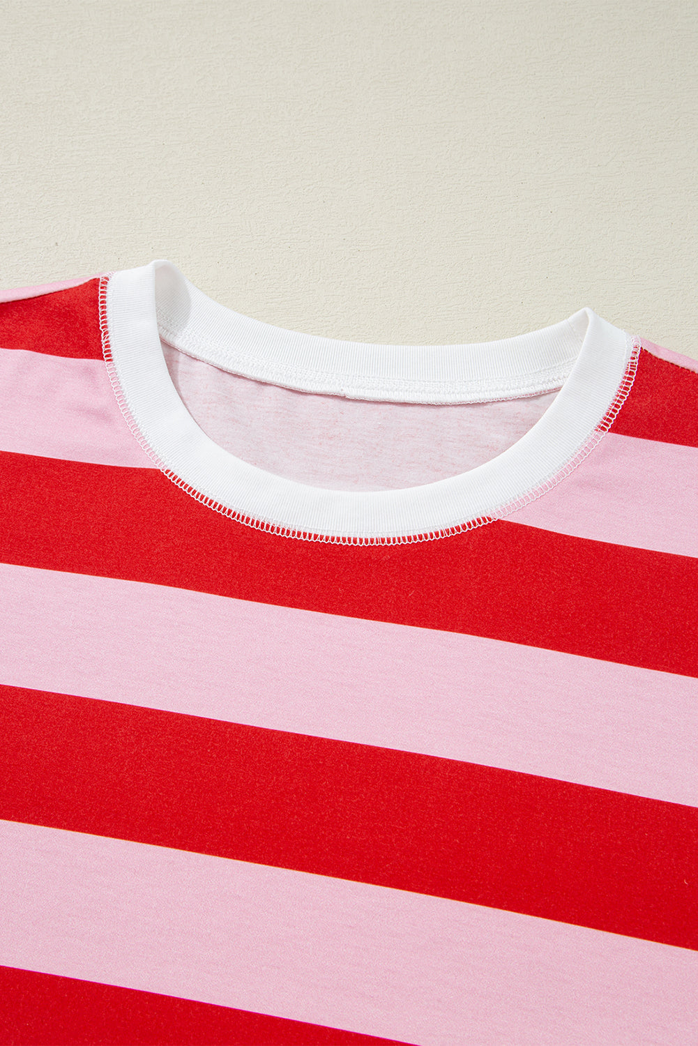 Pink Stripe Patchwork Round Neck Side Split Loose T Shirt