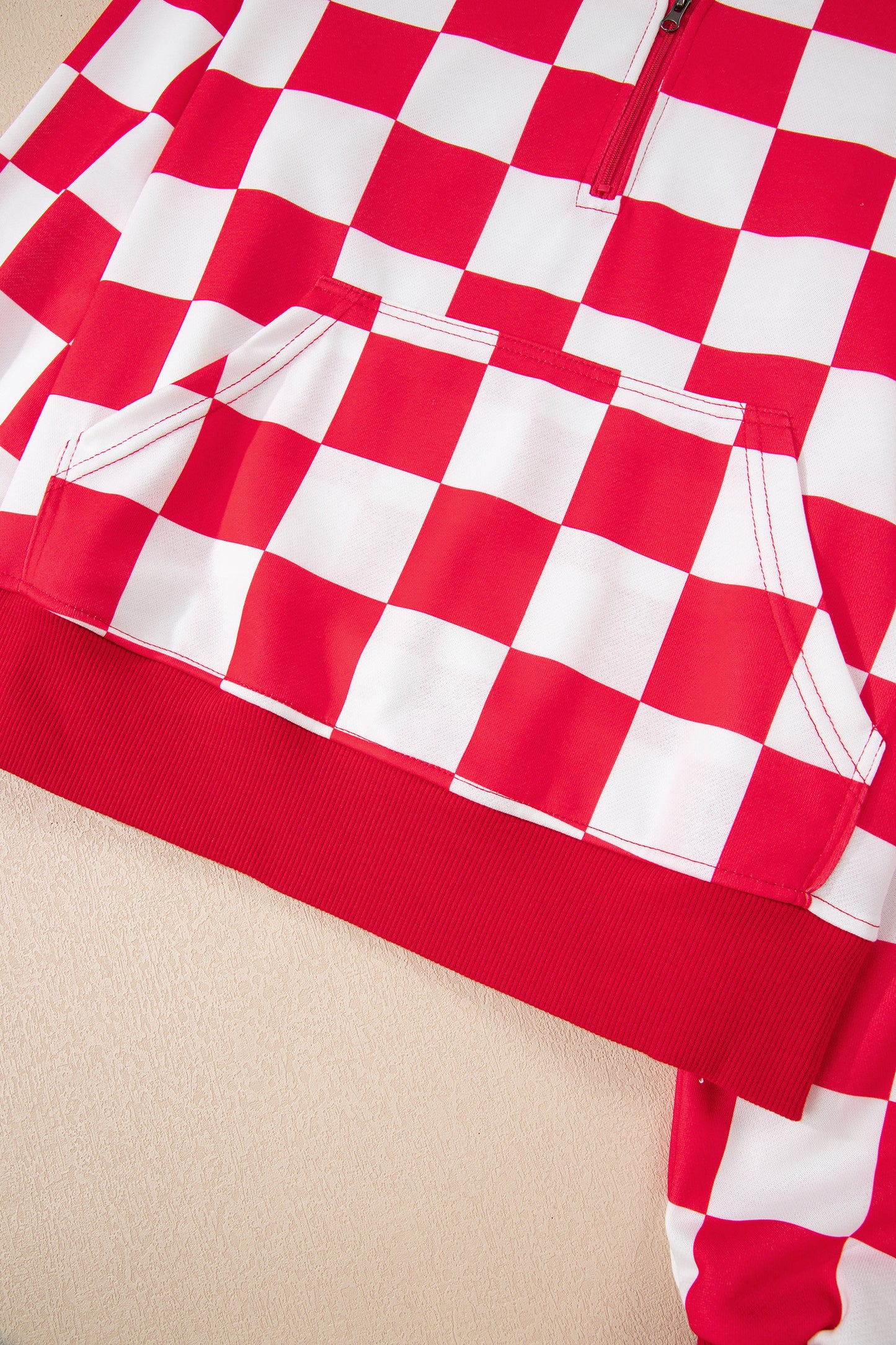 Red Checkered Print Half Zip Hoodie Loose Pant Set