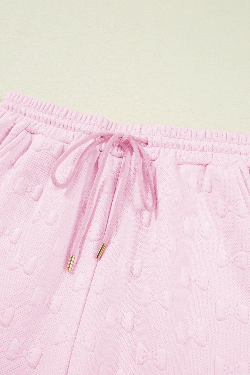 Pink Bow Jacquard Ruffle Sleeve Short 2pcs Outfit