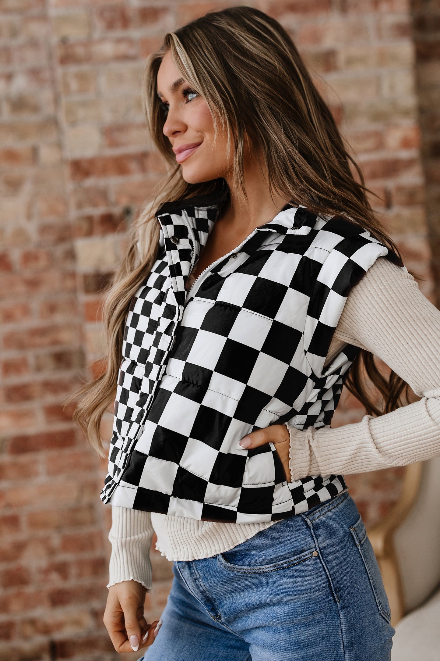 Brown Double Checked Stand Collar Cropped Puffer Vest
