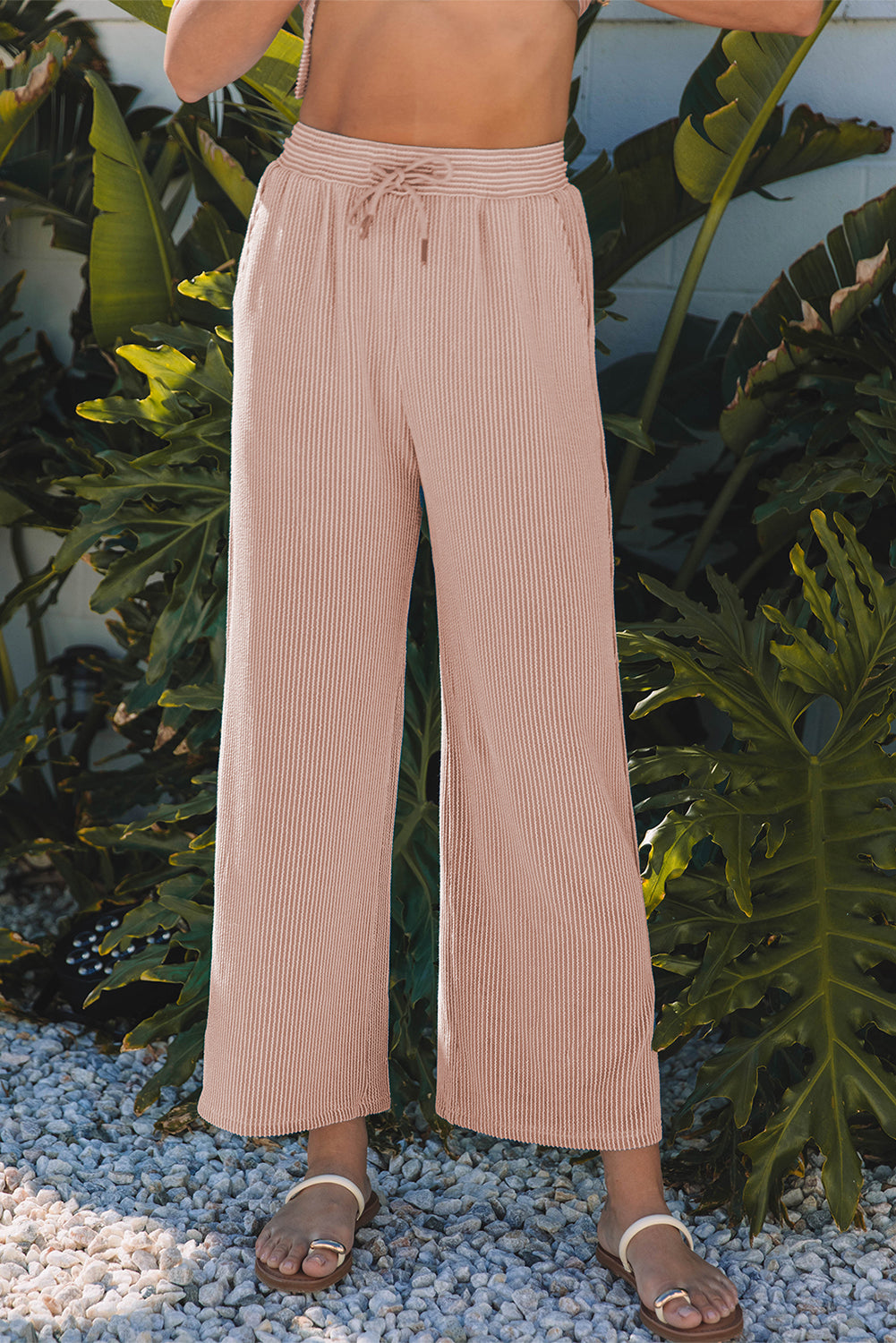 Smoke Gray Solid Corded Knit Short Sleeve top and Wide Leg Pants Set