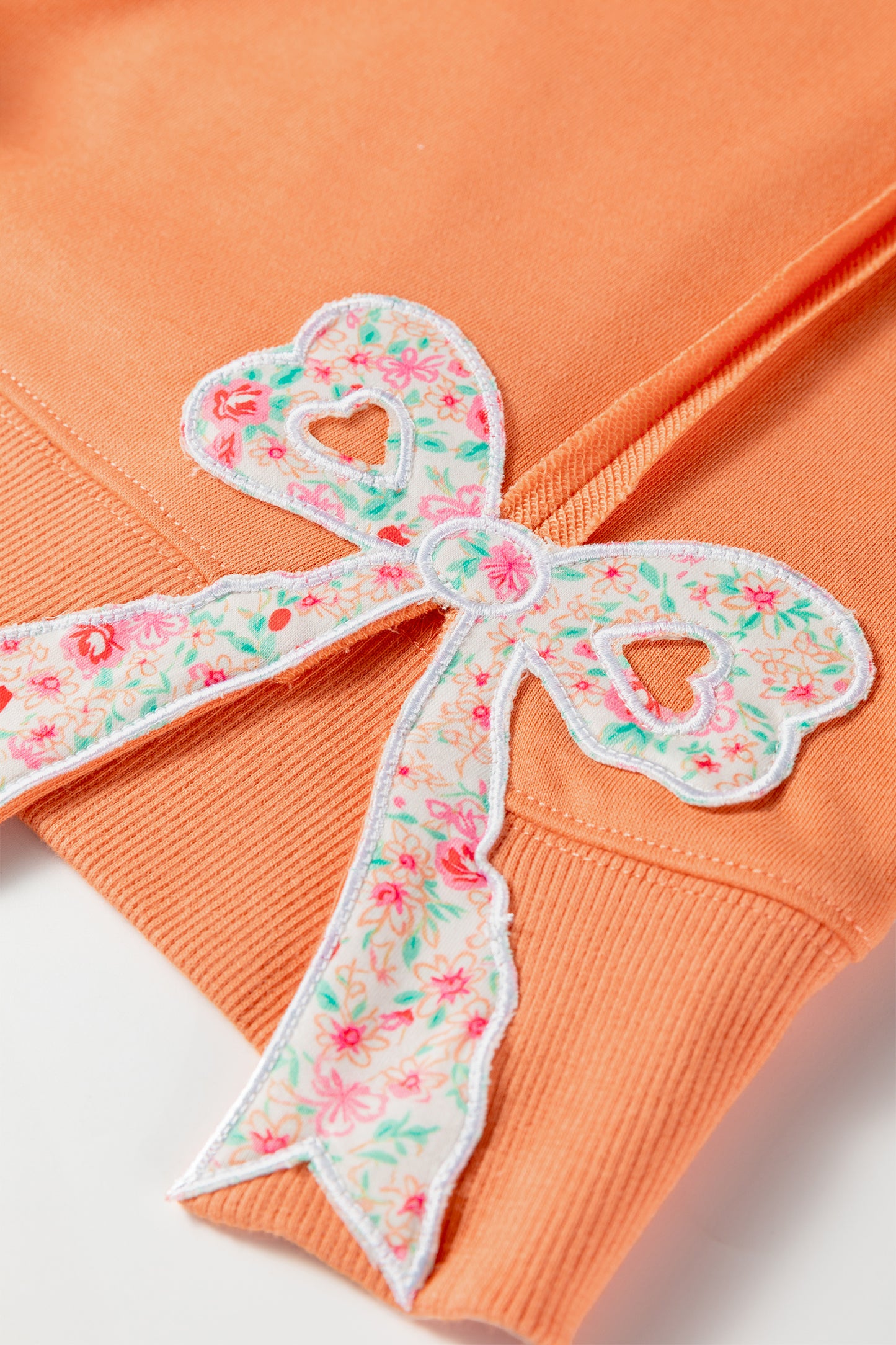 Grapefruit Orange Floral Bow Patched Exposed Seam Patchwork Slit Baggy Sweatshirt