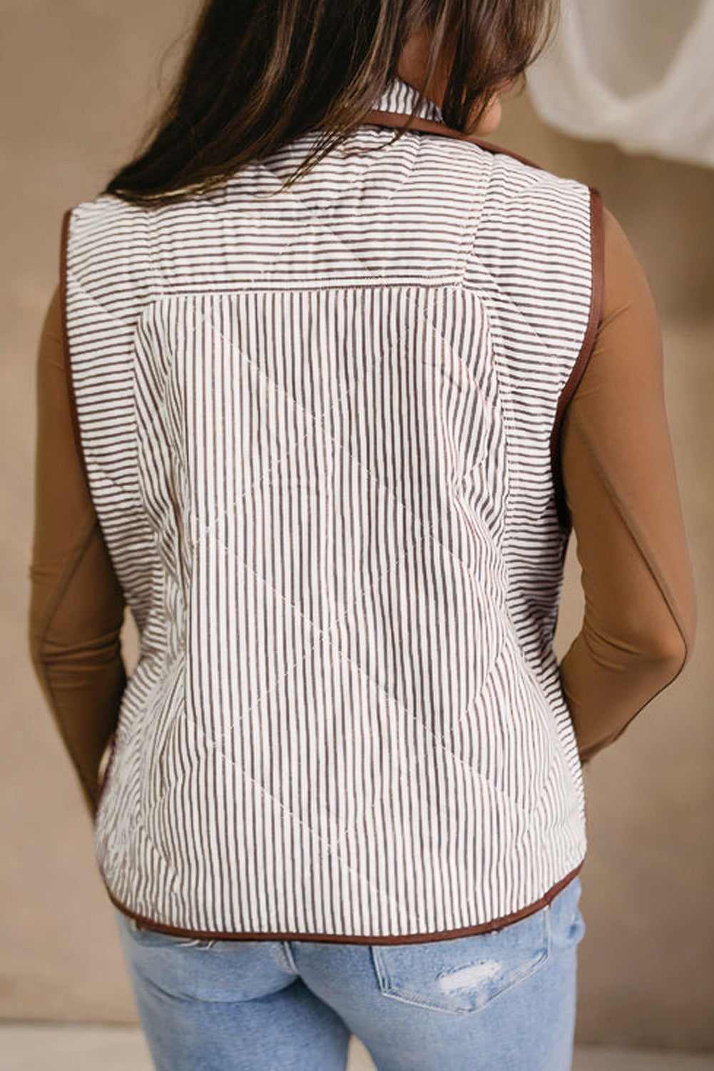 Brown Stripe Quilted Wavy Hem Snap Button Plus Size Vest