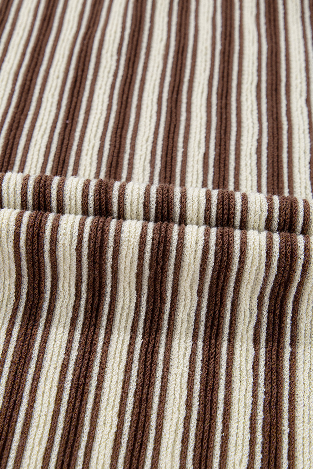 Brown Stripe Textured Side Slits Crew Neck T Shirt