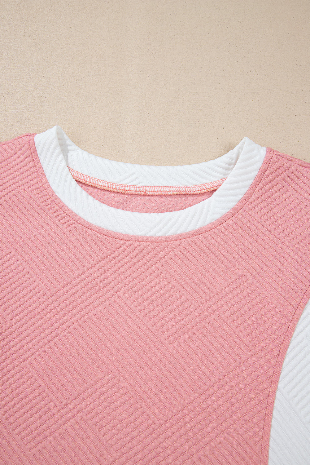 Pink Textured Colorblock Patchwork Tee Two Piece Shorts Set