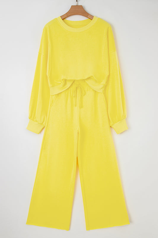 Yellow Puff Sleeve Pullover and Wide Leg Pants Set