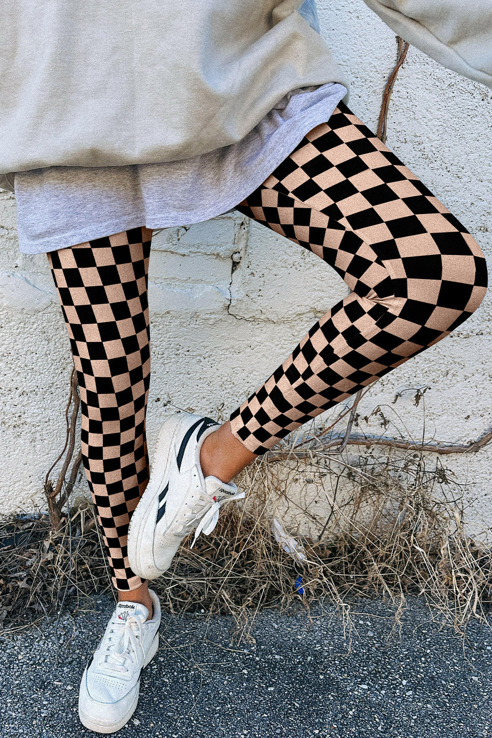 Khaki Checkered Pattern High Waist Leggings