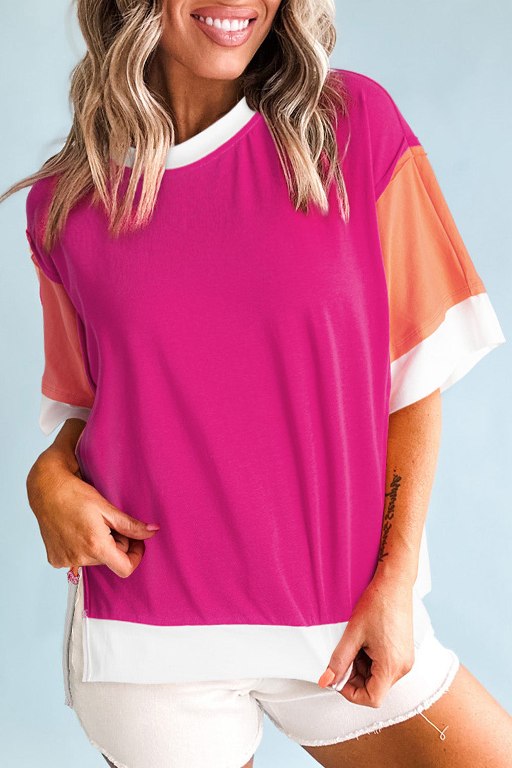 Rose Red Color Block Patchwork Side Slits Loose Fit T Shirt