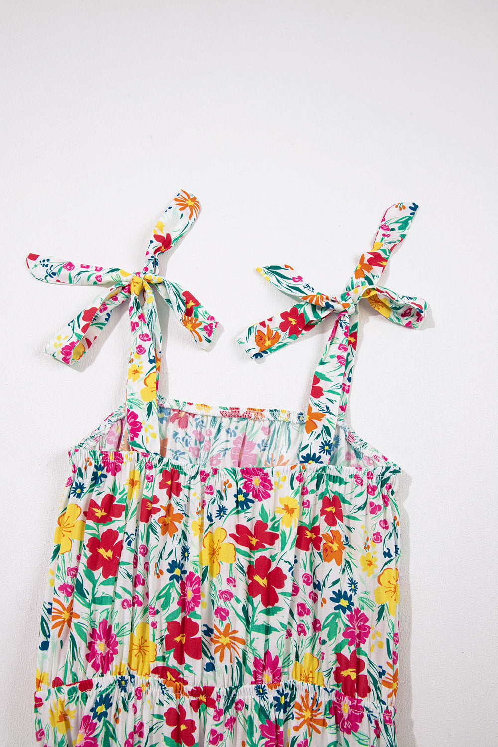 Red Floral Knotted Straps Cinched Waist Ruffle Hem Mini Dress