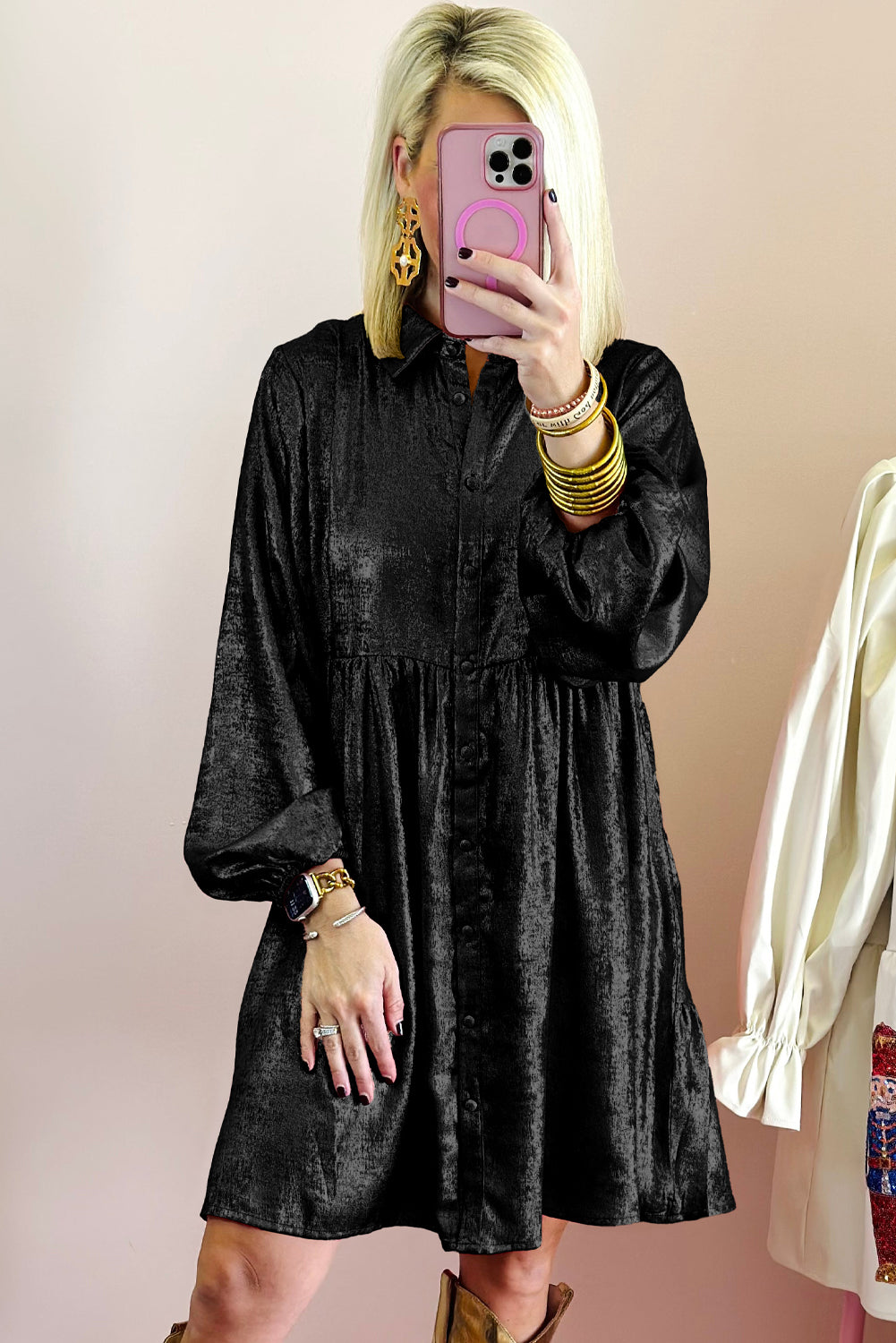 Metallic Sheen Puff Sleeve Mini Shirt Dress Black