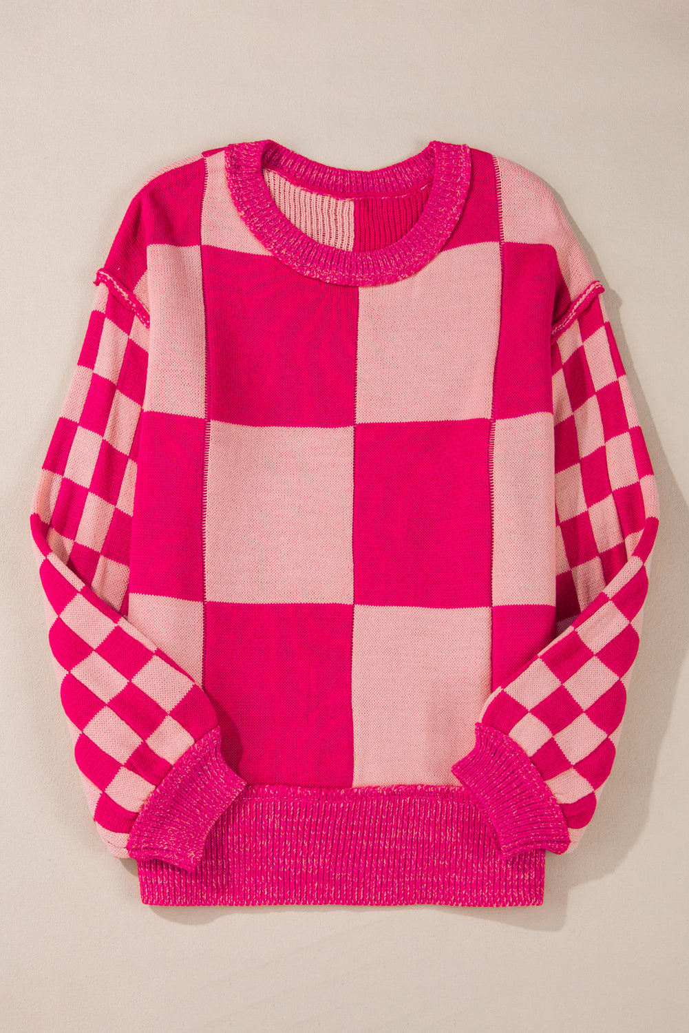 Rose Red Checkered Drop Shoulder Sweater