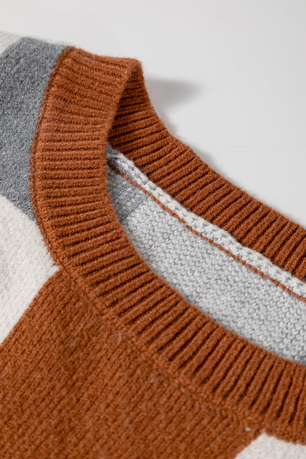 Brown Plus Size Checkered Crewneck Sweater