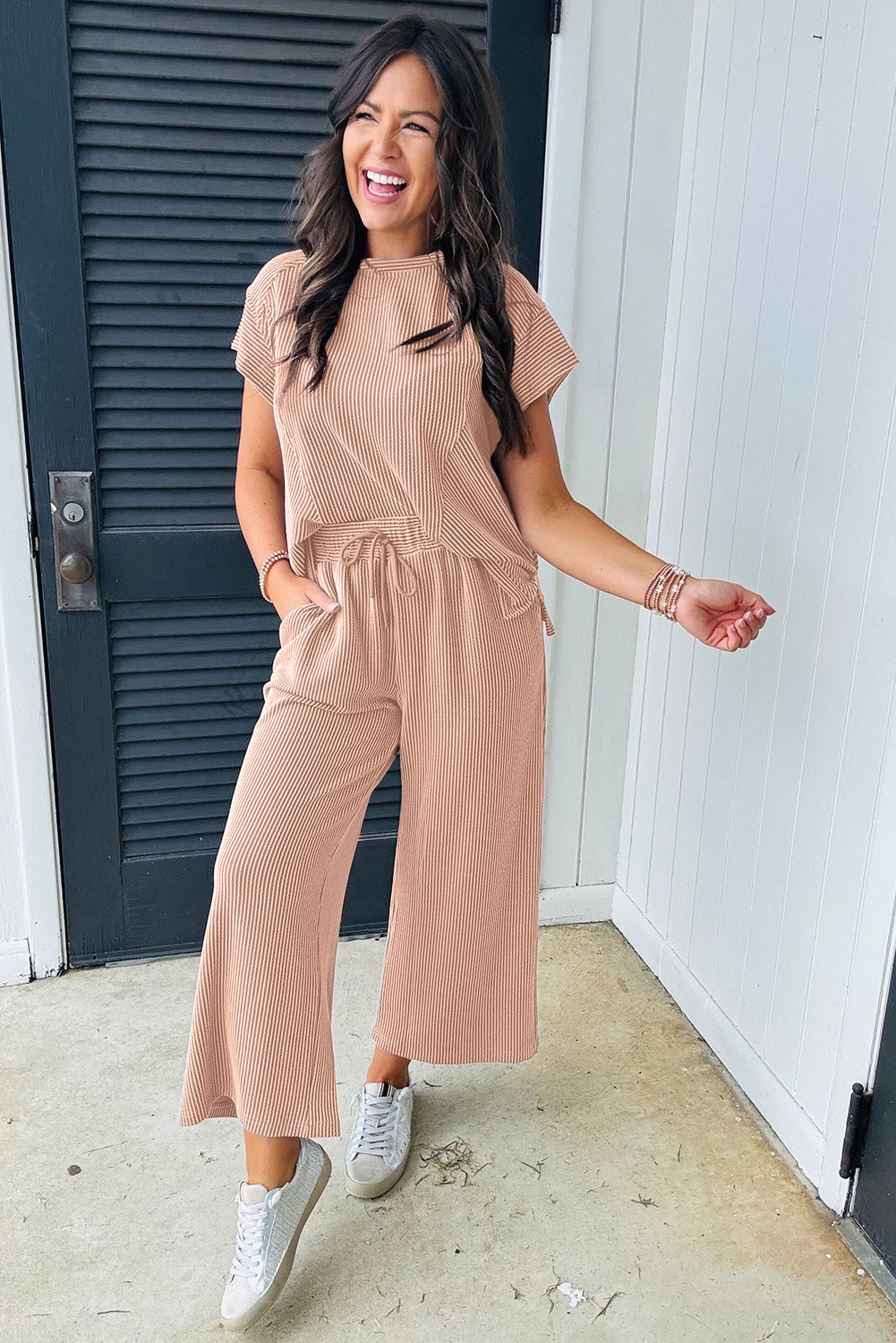 Smoke Gray Solid Corded Knit Short Sleeve top and Wide Leg Pants Set