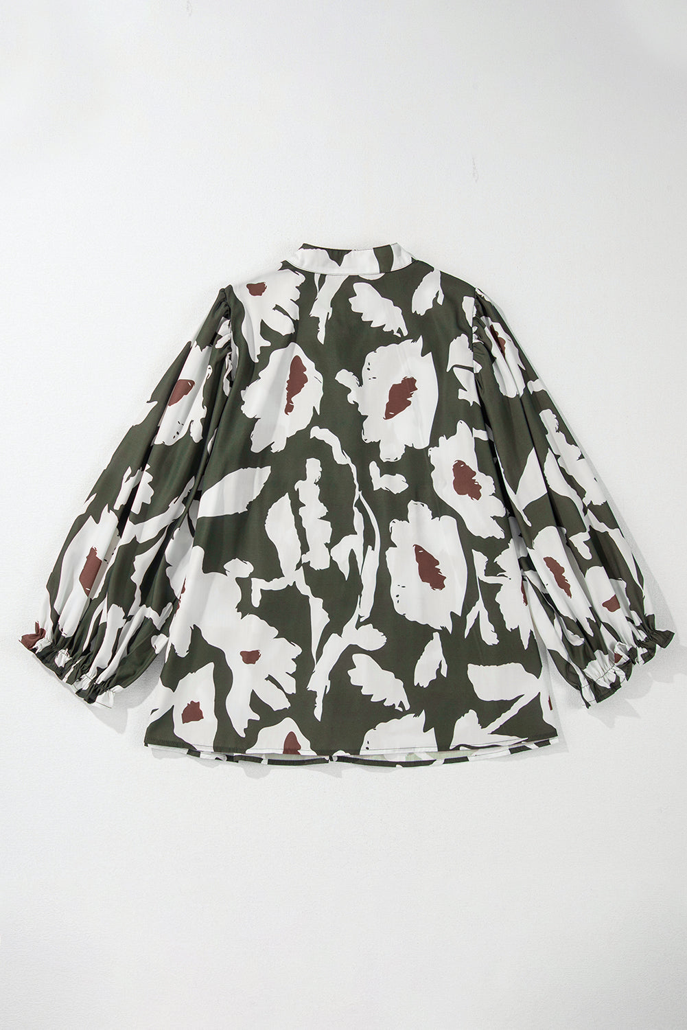 Abstract Floral Print Puff Sleeve Half Button Blouse
