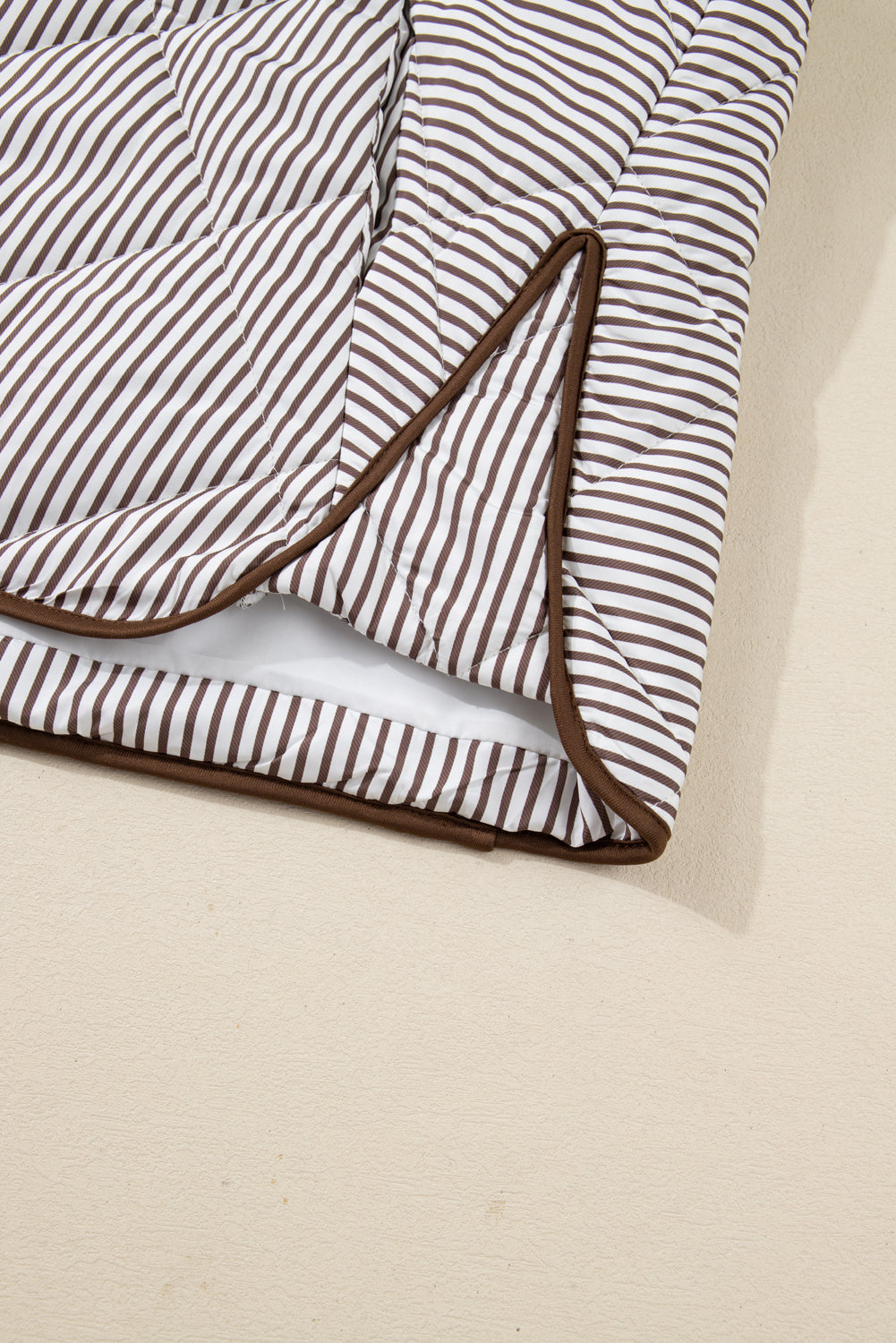 Brown Stripe Quilted Wavy Hem Snap Button Plus Size Vest