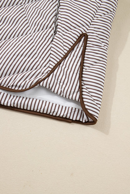 Brown Stripe Quilted Wavy Hem Snap Button Plus Size Vest
