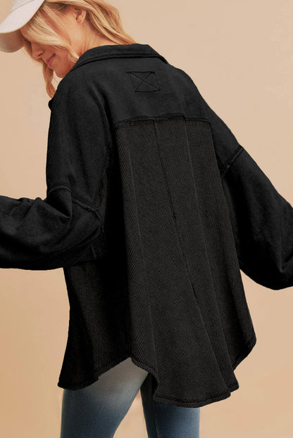 Medium Grey Waffle Knit Patchwork Exposed Seam Loose Shacket