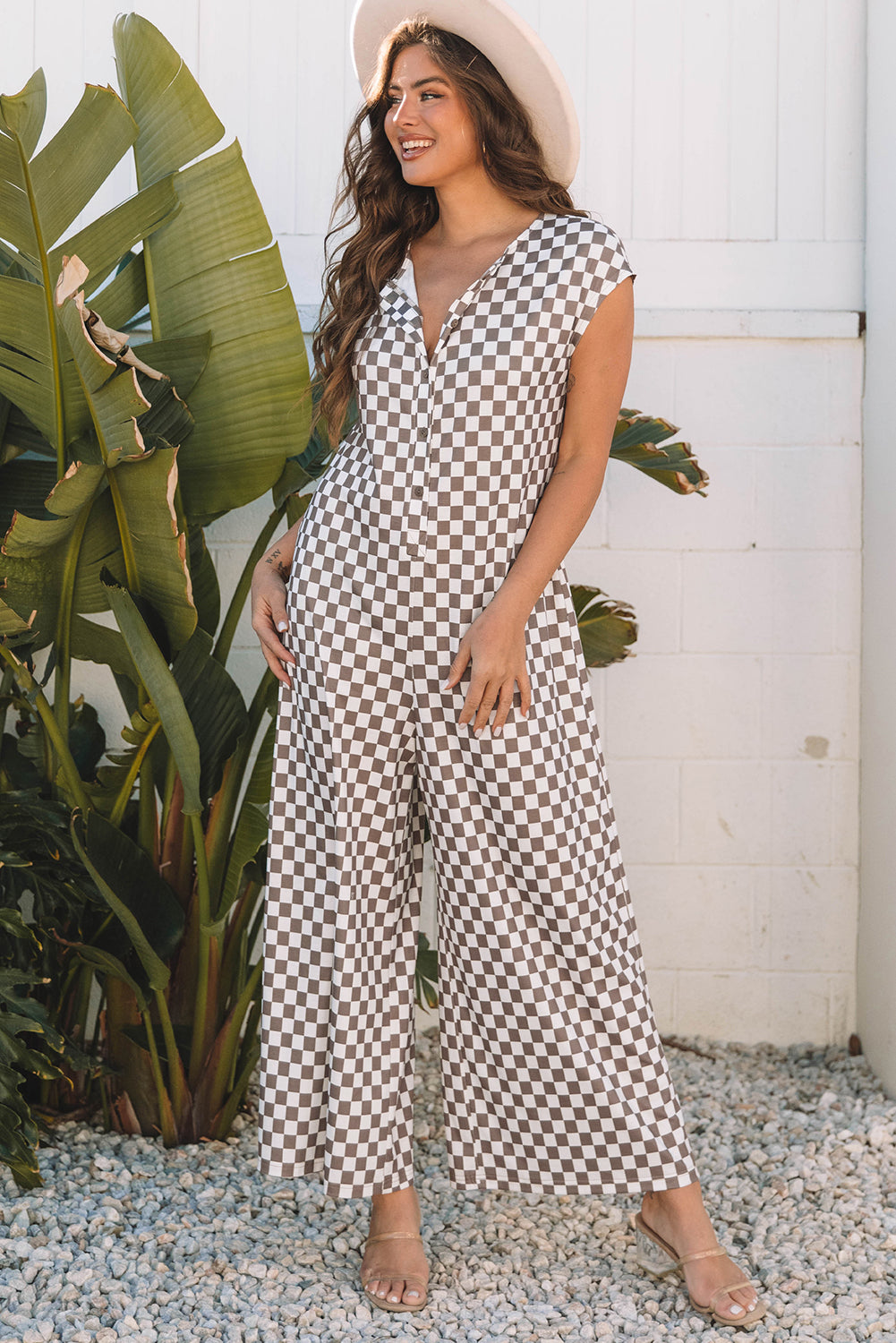 Khaki Checkered Print Buttoned Crew Neck Wide Leg Jumpsuit