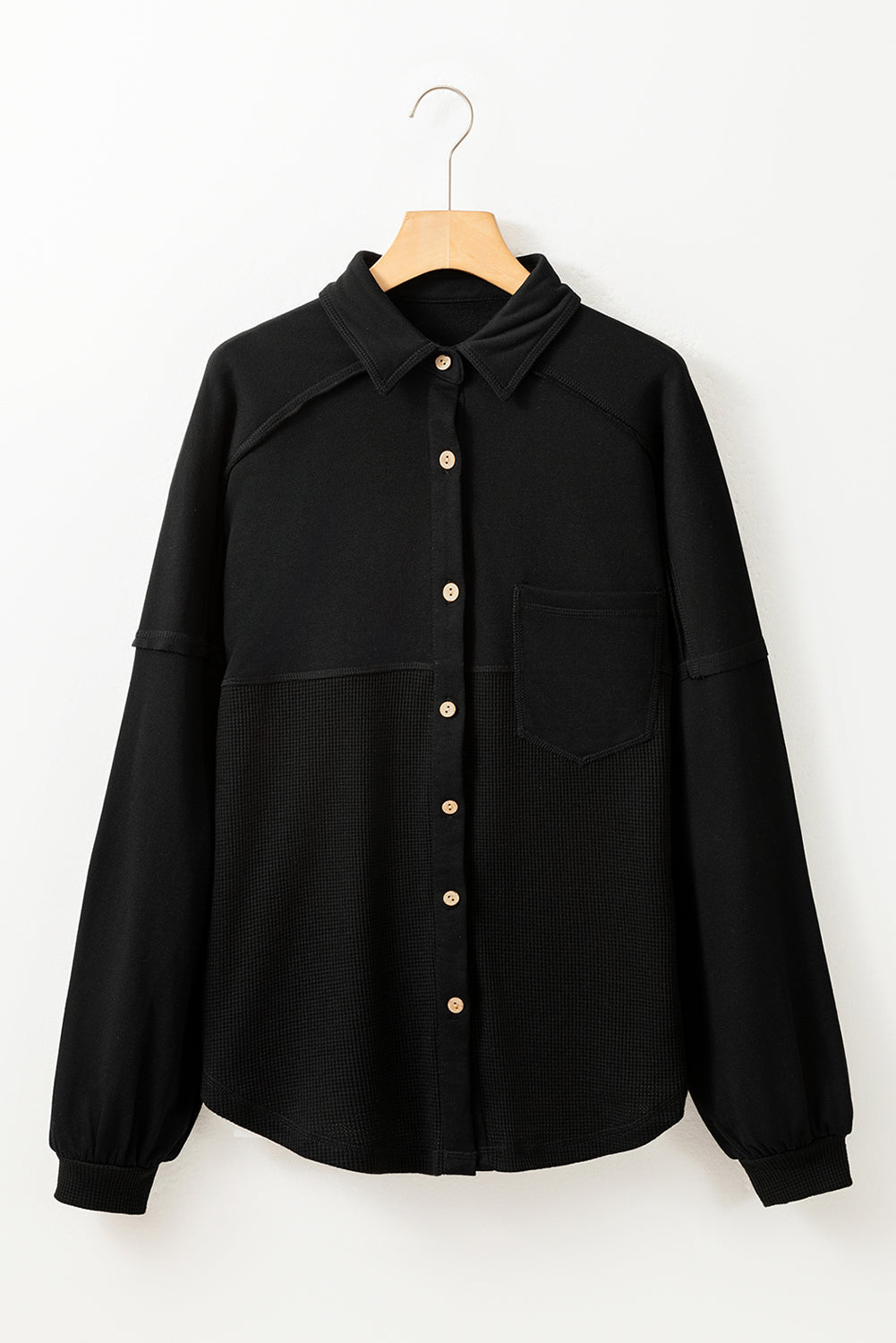 Medium Grey Waffle Knit Patchwork Exposed Seam Loose Shacket