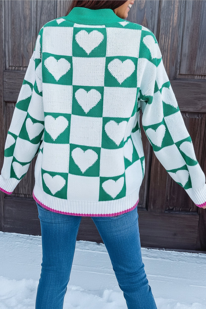 Sea Green Plaid Heart Knit V Neck Button Down Sweater Cardigan