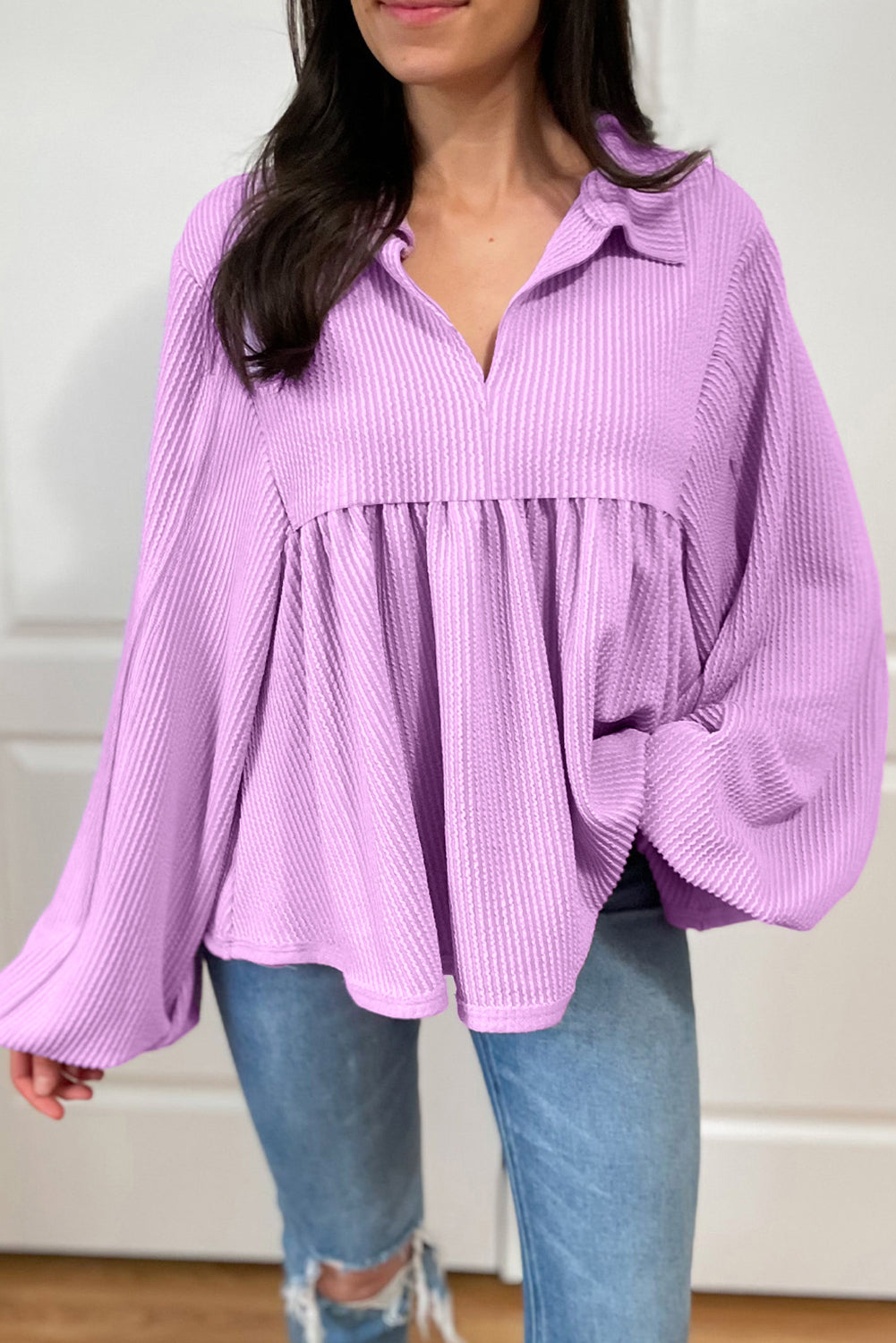 Corded V Neck Bubble Sleeve Babydoll Blouse