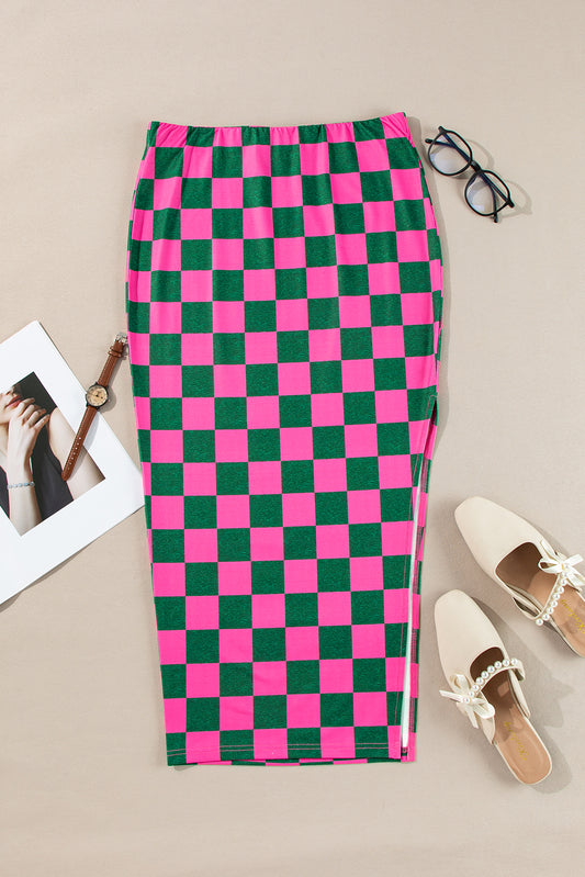 Rose Checkered High Waist Midi Skirt