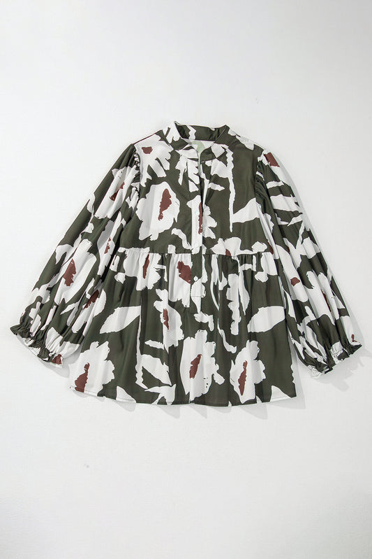Abstract Floral Print Puff Sleeve Half Button Blouse