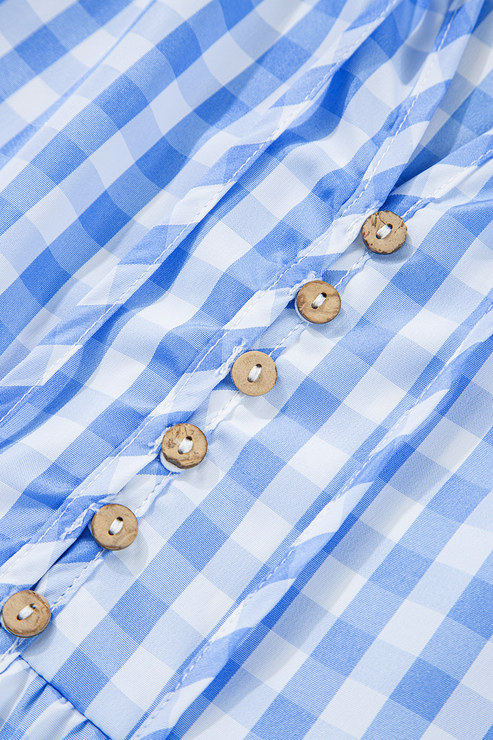 Sky Blue Gingham Short Sleeve Button Tie Split Neck Loose Mini Dress
