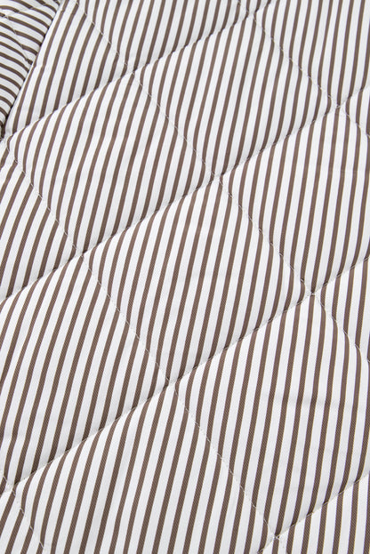 Brown Stripe Quilted Wavy Hem Snap Button Plus Size Vest