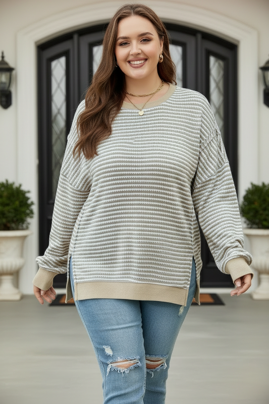 Brown Stripe Plus Size Breathable Knit Ribbed Trim Long Sleeve Top