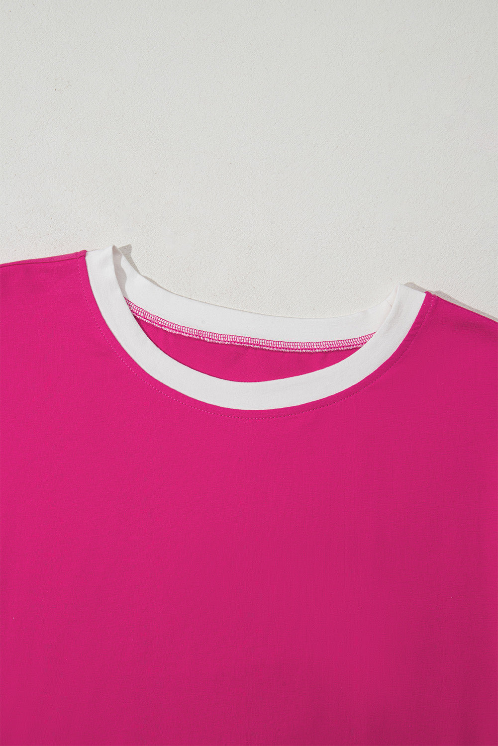 Rose Red Color Block Patchwork Side Slits Loose Fit T Shirt