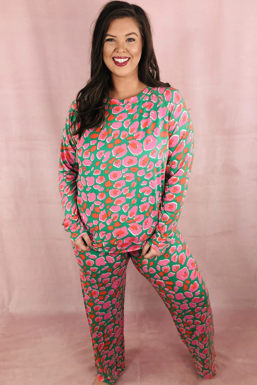 Green Plus Size Printed Long Lounge Set