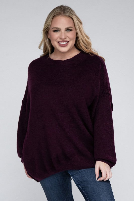 Oversized Round Neck Raw Seam Melange Sweater PLUS