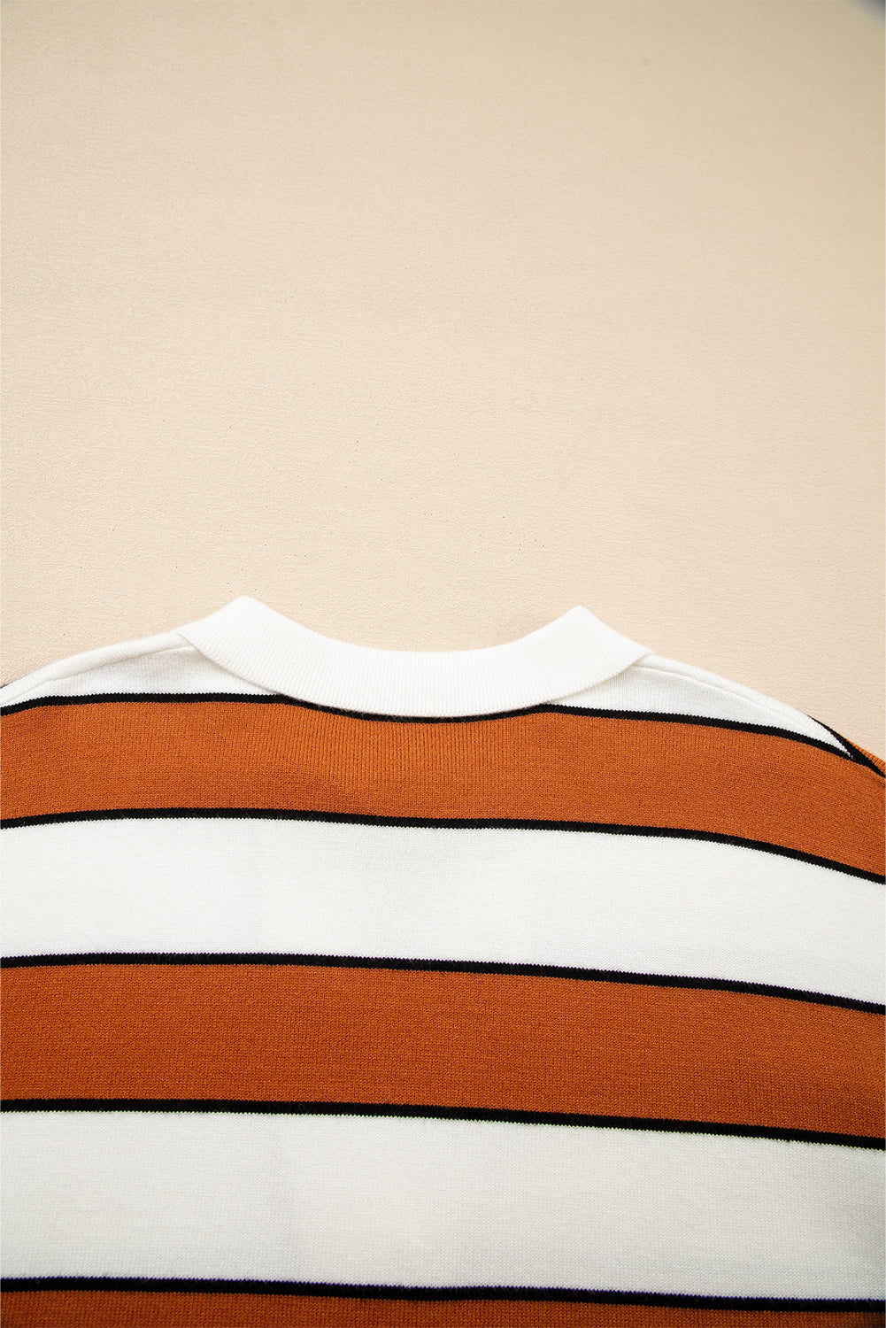 Brown Stripe Ribbed Polo Collar Drop Shoulder Sweater
