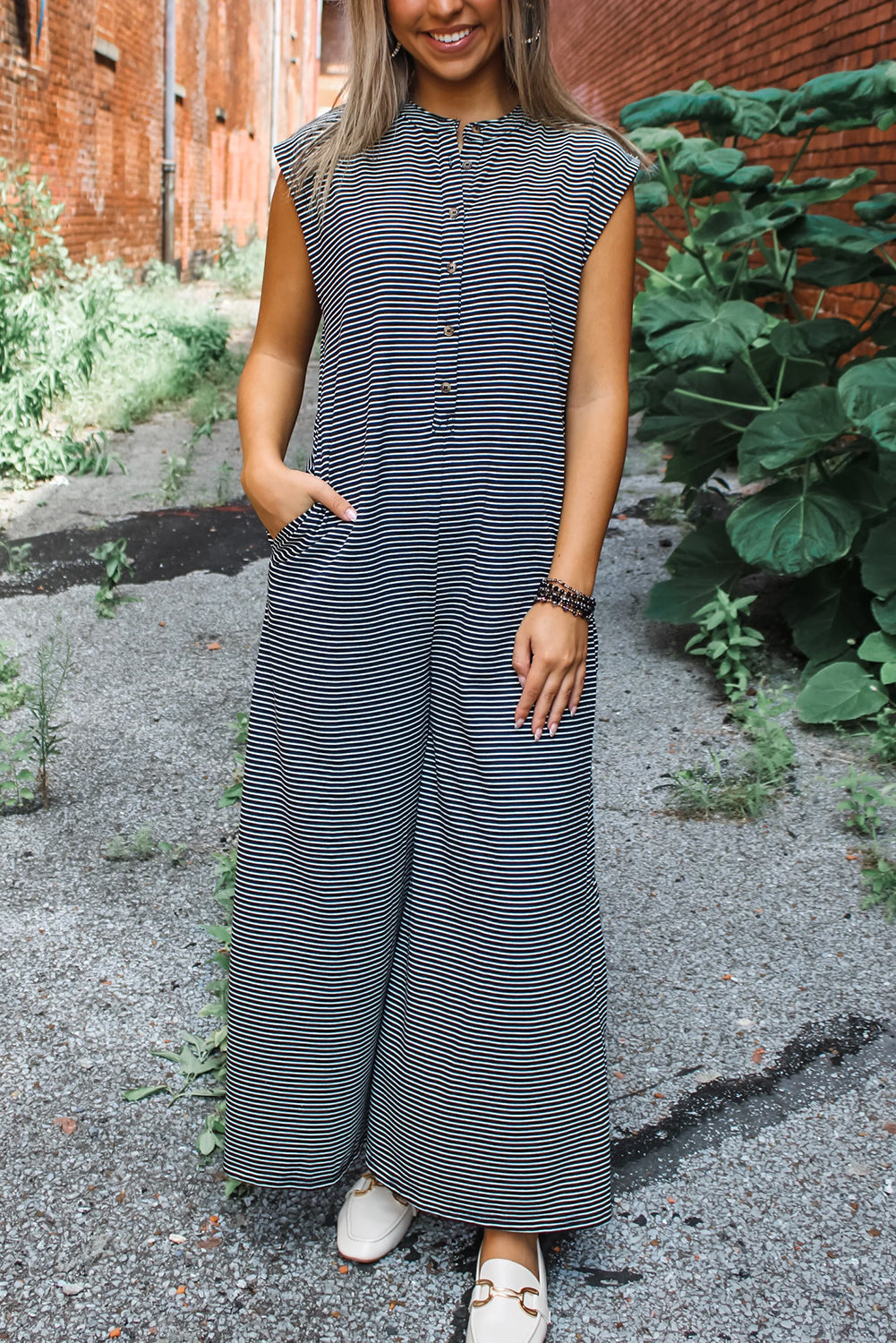 Black white Striped Wide Leg Sleeveless Jumpsuit