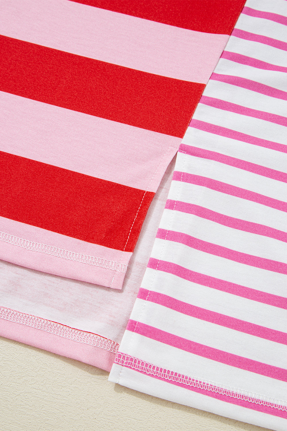 Pink Stripe Patchwork Round Neck Side Split Loose T Shirt