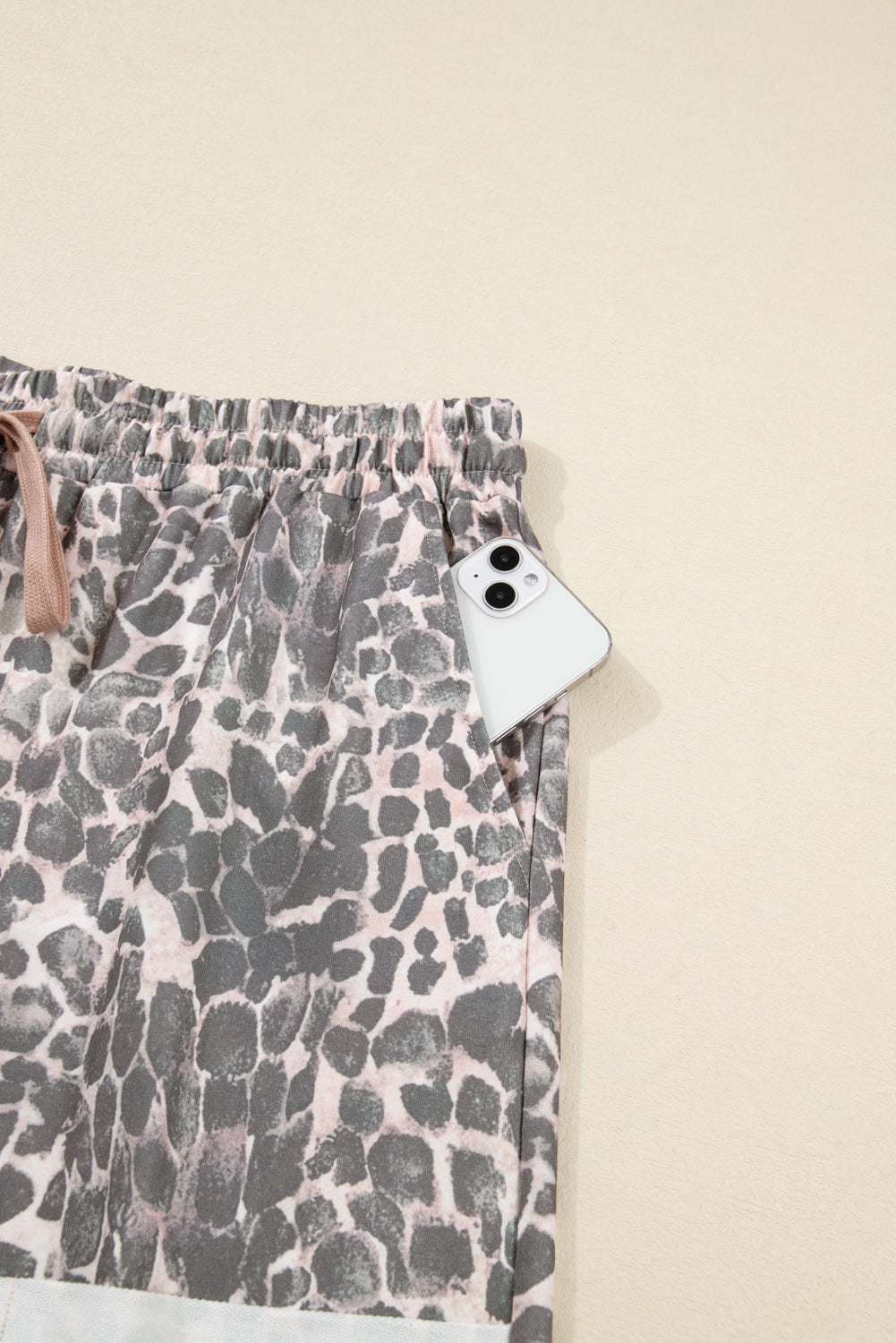 Khaki Plus Size Leopard Print Raw Edge Patch Pocket Drawstring Loose Pants