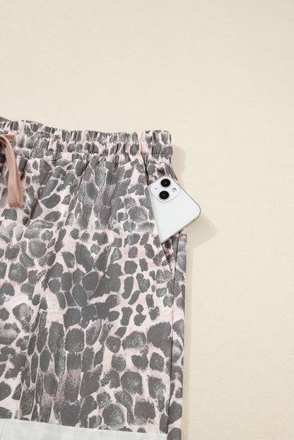 Khaki Plus Size Leopard Print Raw Edge Patch Pocket Drawstring Loose Pants