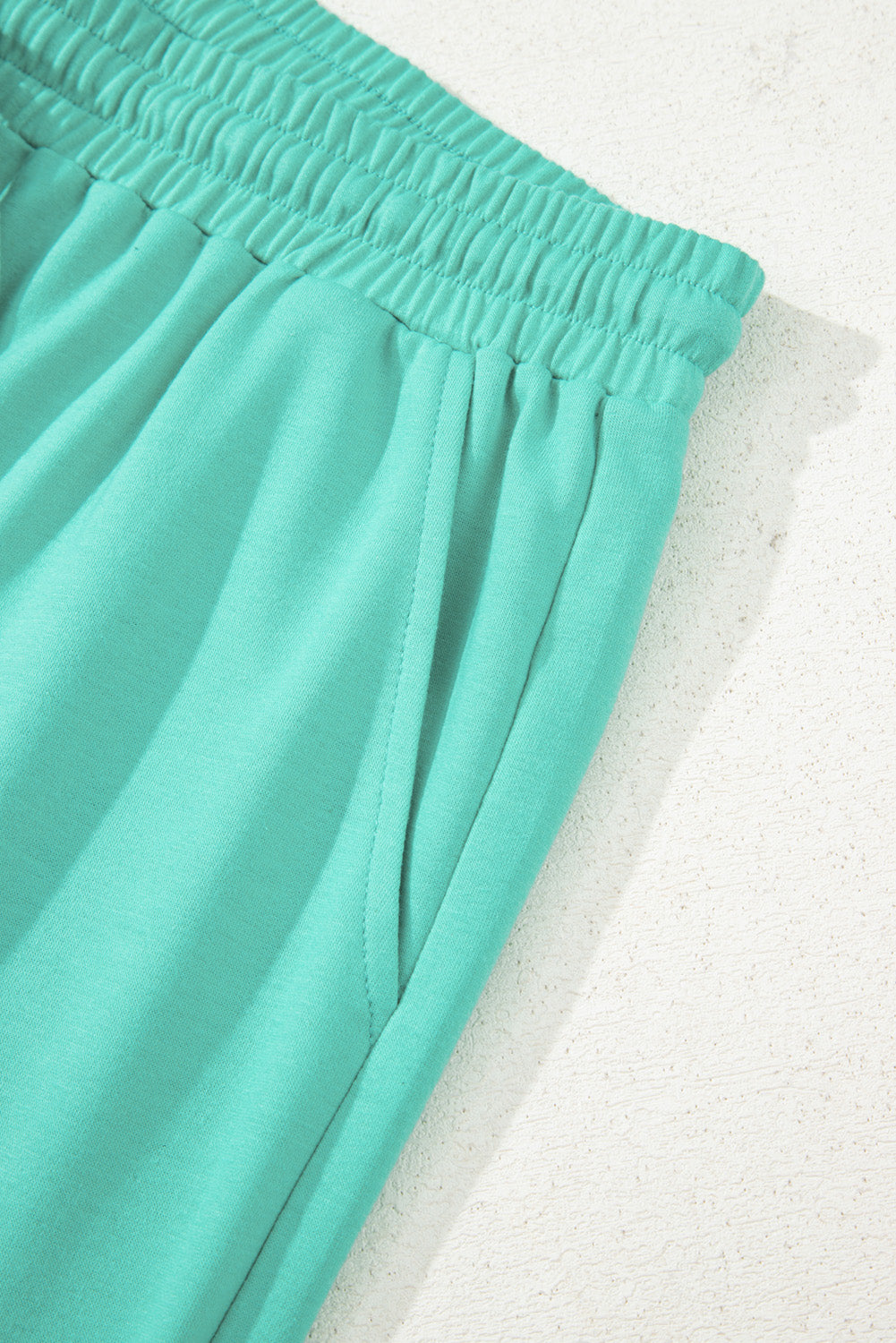 Sea Green Drop Shoulder V Neck Pullover Top and Drawstring Short Plus Size Set