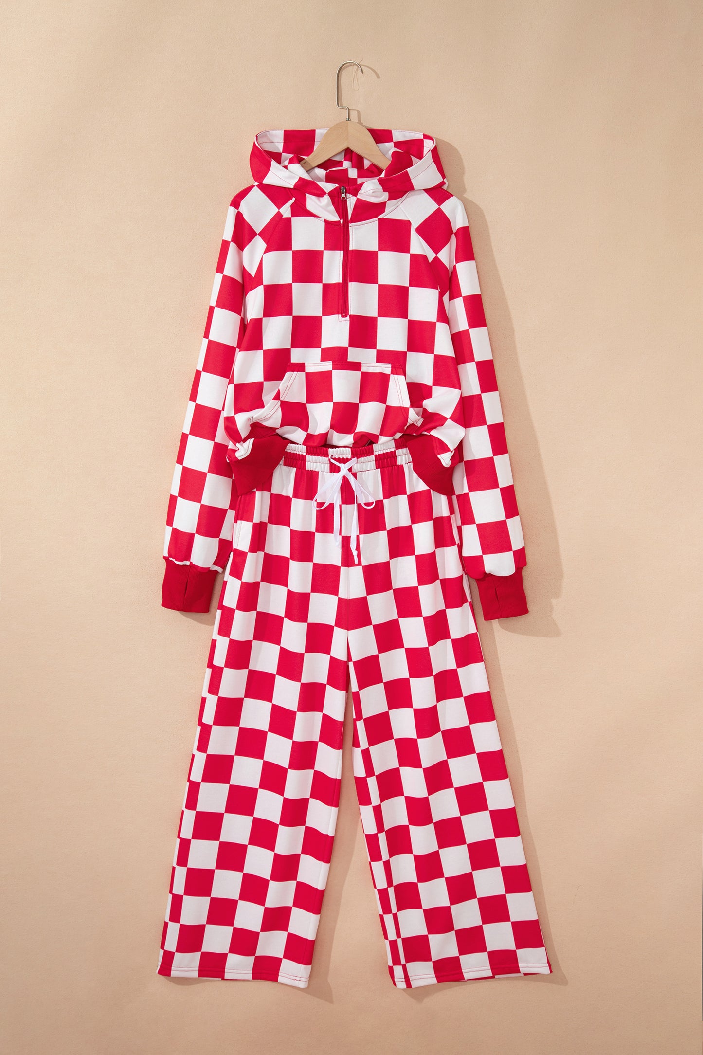 Red Checkered Print Half Zip Hoodie Loose Pant Set
